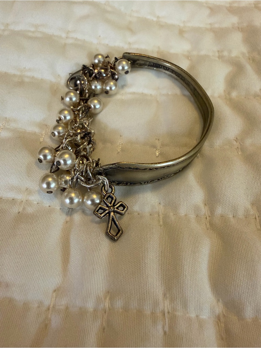 Spoon Silver-Tone Pearl Charm Cross Cuff Bracelet